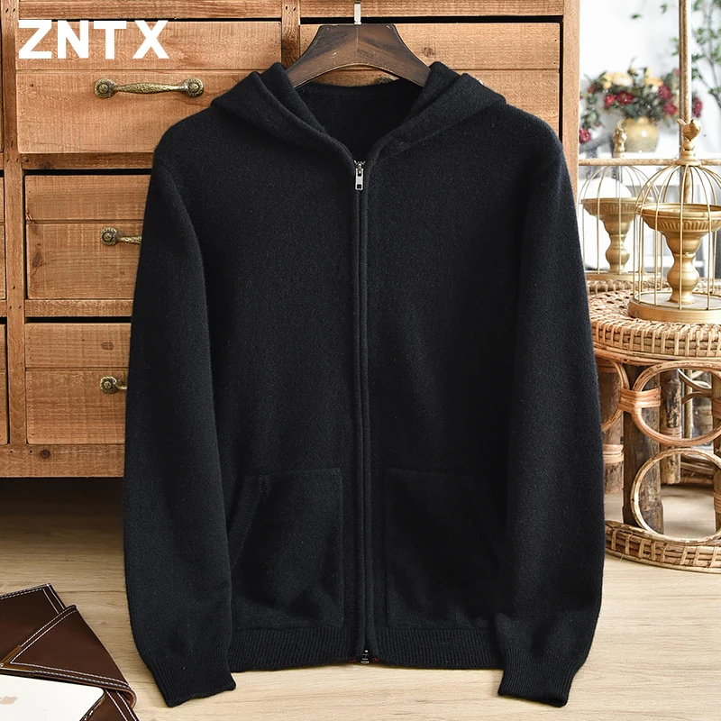 

ZNTX Winter warm men's pure cashmere sweater with double stranded thick zipper cardigan hooded jacket pocket knitted youth hat