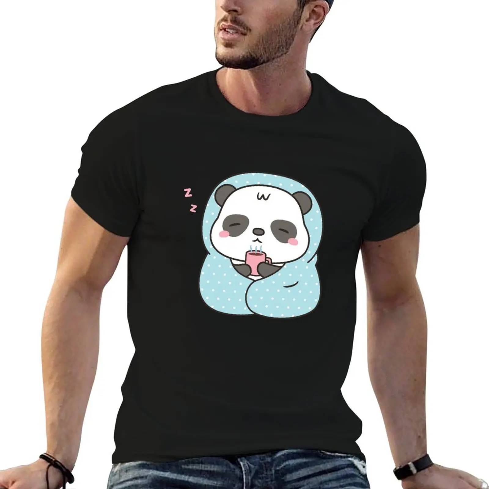 

Cute Sleepy Little Panda With Coffee and Blanket T-Shirt man t shirt cotton high quality t shirts for man cotton T-Shirt