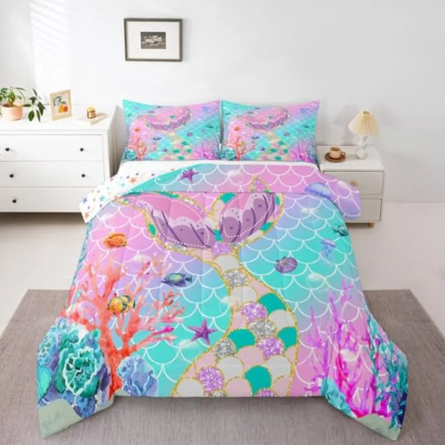 

Mermaid Tail Comforter Set, Fish Scales Duvet Stuffing, Girly Rainbow Bedding Set Ocean Life Sea Animal Bed Quilt Teal Sequins