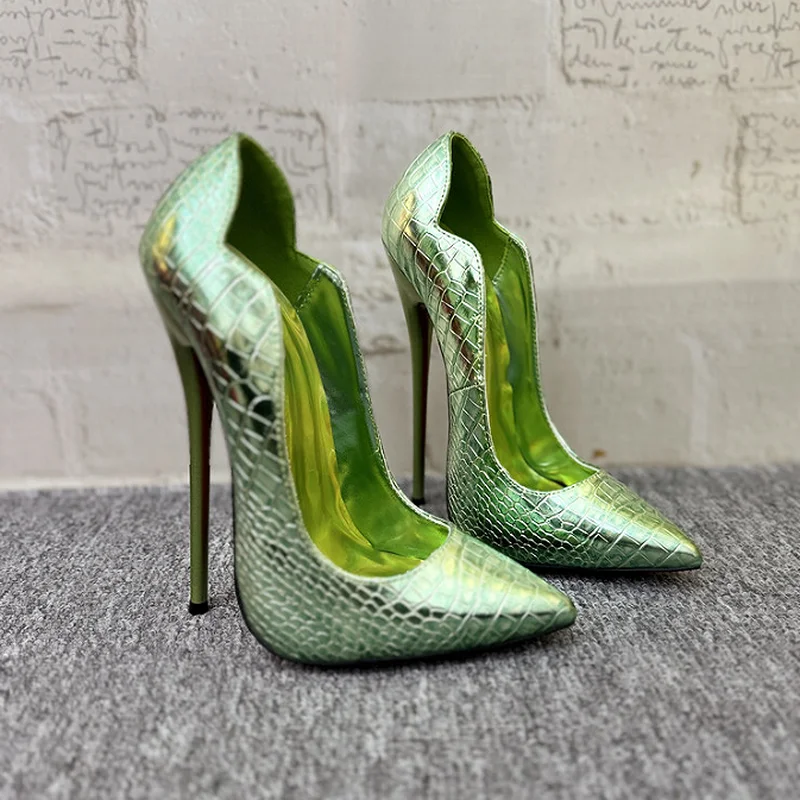 14/16cm Wellenförmige High Heels, Damenpumps, seitlich flach, Unisex Cosplay-Schuhe, Krokodilmuster, Gelb, Grün, Lila, Sonderfarben
