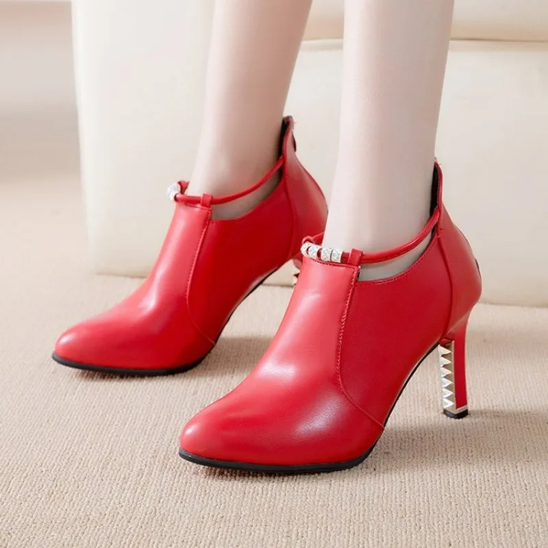 Stiletto Thin Heel Pointed Toe Faux Leather Zipper Sexy Boots Ankle Women Boot Red High Heels 9cm Spring Autumn 40 Boot