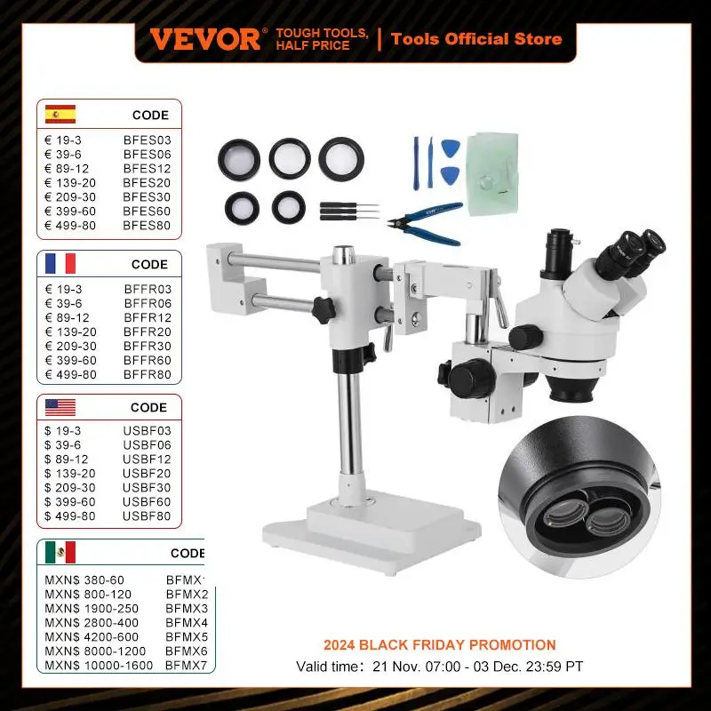 VEVOR 3.5X-90X Trinocular Stereo Digital Microscope 360°Swiveling Simul-Focal Support Camera Connection Lab Optical Instruments