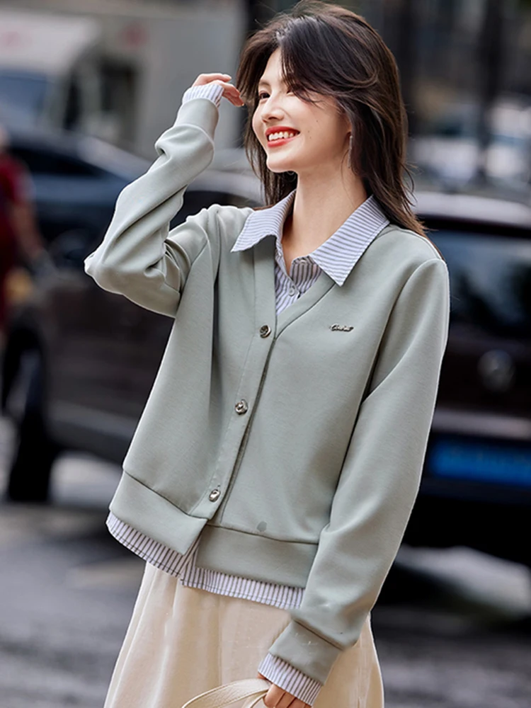 

Повседневный свободный женский кардиган-свитшот с отложным воротником, лоскутный дизайн, имитация двухслойности, осенне-зимняя новая модная верхняя одежда