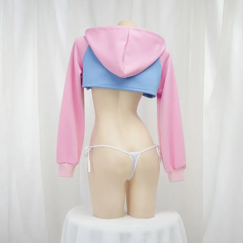 Cute Long Sleeve Crop Top Hoodie Pink Blue Matching Style Girls Student Outfit for Cosplay Nightgown view 3