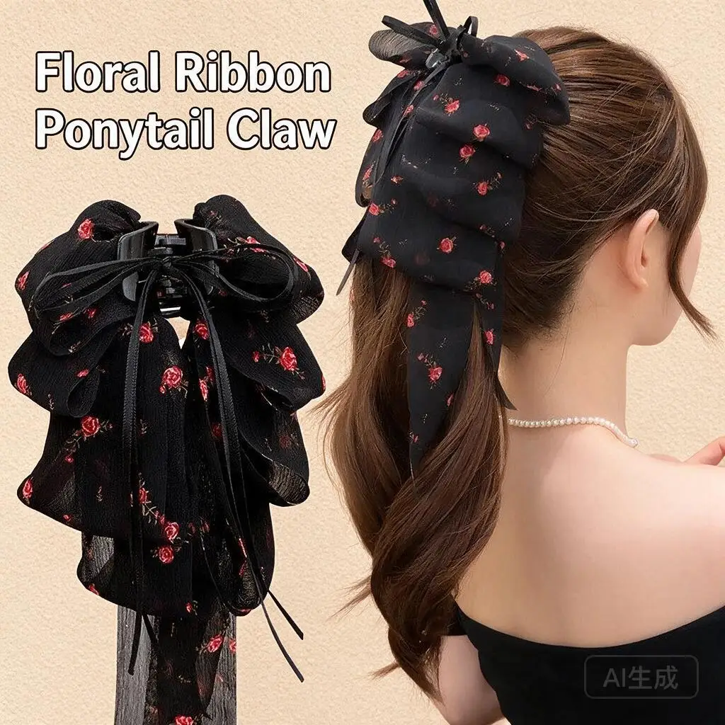 Vintage Floral Bow Ribbon Hair Claw Clip Women Elegant Layered Chiffon Ponytail Clip For Half Updo Daily Party Hair Accessories