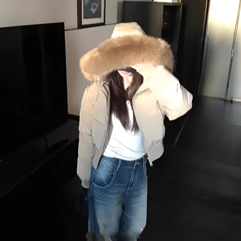 

Loose and Comfortable Retro Big Fur Collar Hooded Down Cotton Clothes Women's Winter 2025 New High-end Thickened Warm Bread Coat