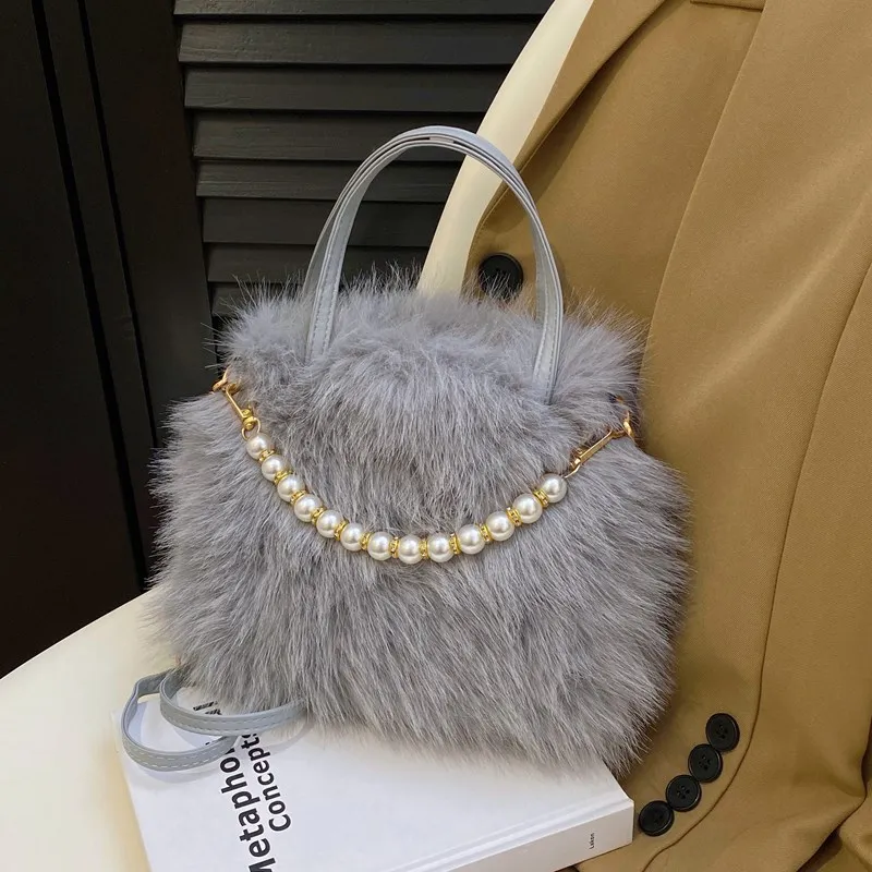 

Autumn Winter New Pearl Chain Crossbody Bag Stylish Versatile Women's Plush Handbag Cute Fluffy Shoulder Purse