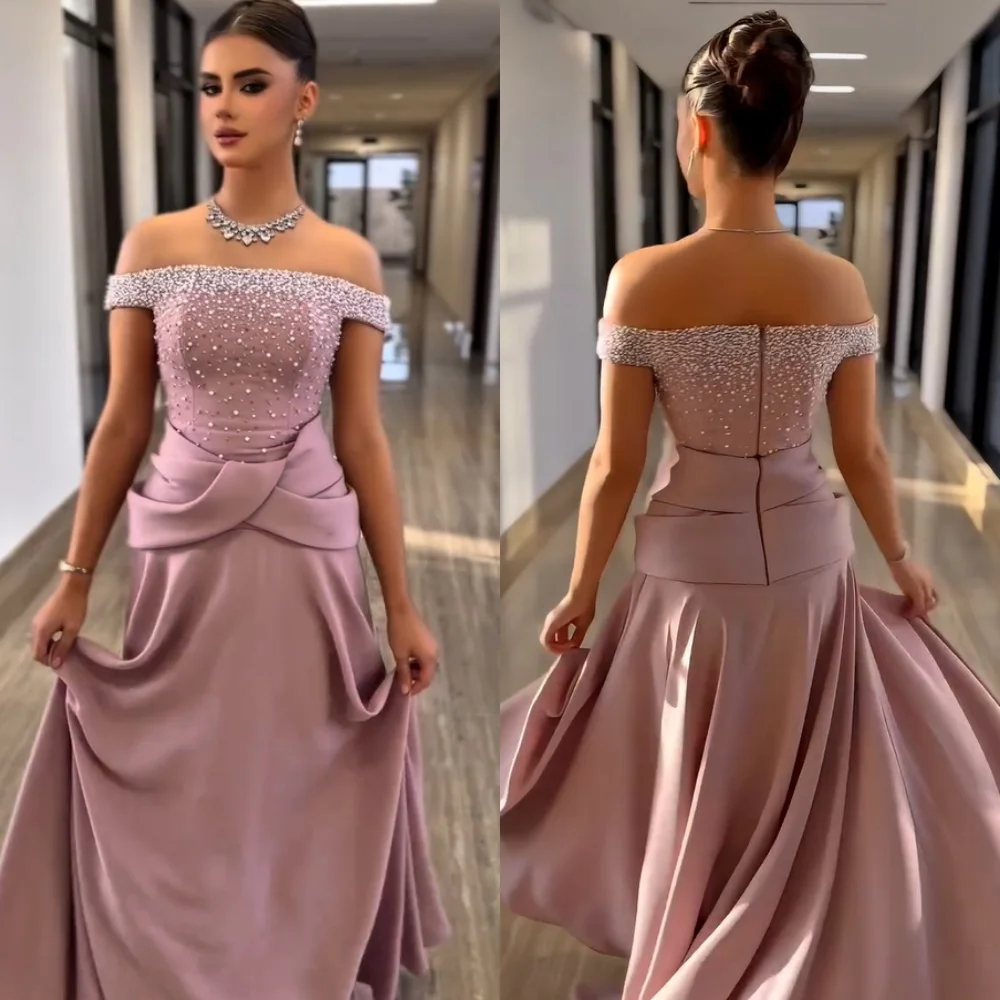 Maßgeschneiderte schlichte Jersey-Faltenperlen-A-Linie, schulterfreie lange Kleider, maßgeschneiderter Anlass, Promi-Exquisit