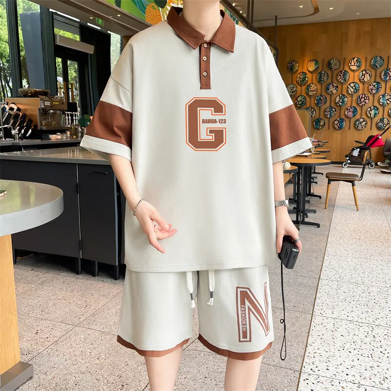

Summer Men Sets Printed Polos Shirts +Shorts 2 Pieces Suits Breathable Loose Casual Man Sportswear Set