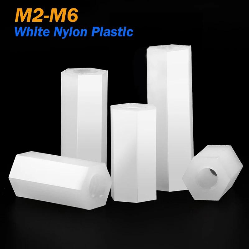 Espaciador hexagonal de nylon blanco para placa base, tornillo espaciador hembra M2 M2.5 M3 M4 M5 M6, columna para rack, pilar espaciador para PCB