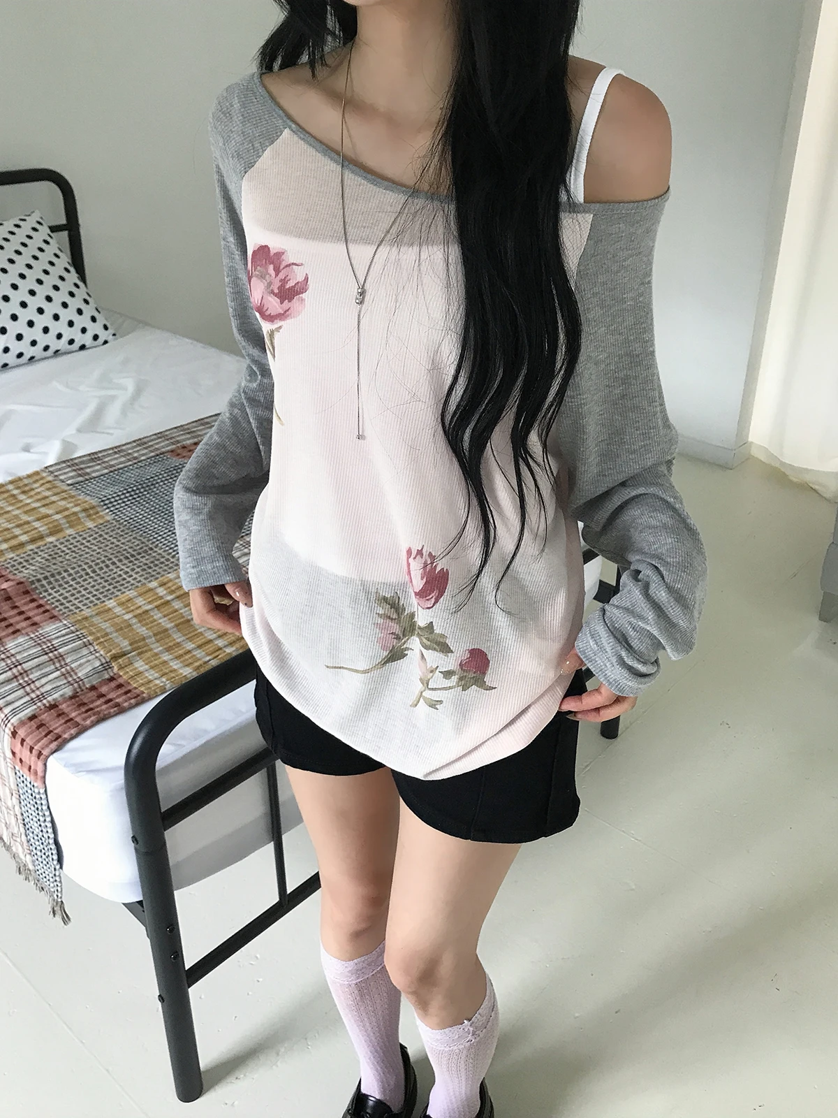 Sakura Hanji Style Floral Color Block Shoulder T-Shirt Women's Long Sleeve Overhead Top Transparent Design Korean Fashion