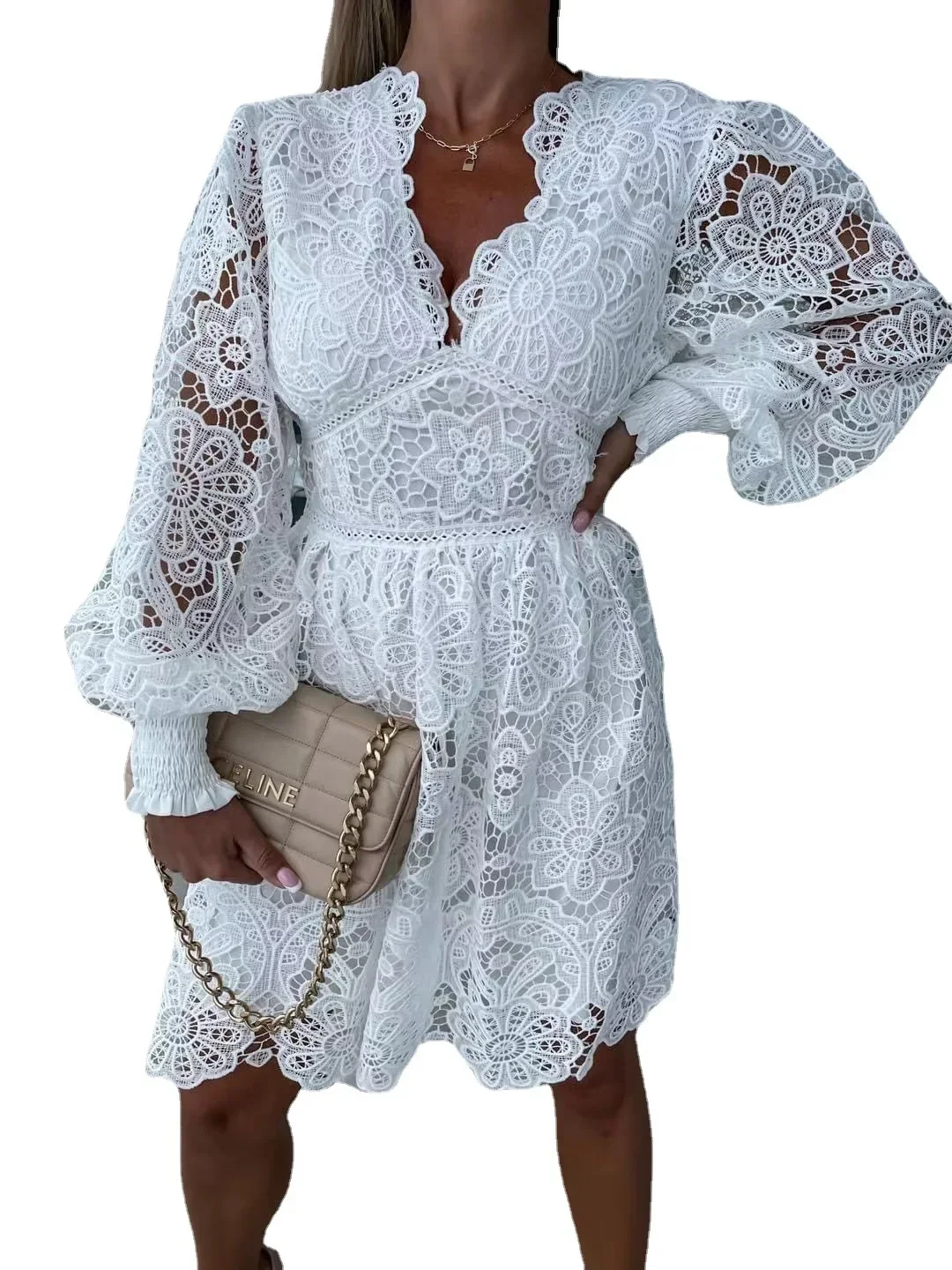 Women Shirt Dress Guipure Lace Patch with Cami Dresses White 2024 Spring Wedding Hollow Out Loose Y2k Party Holiday Vestidos