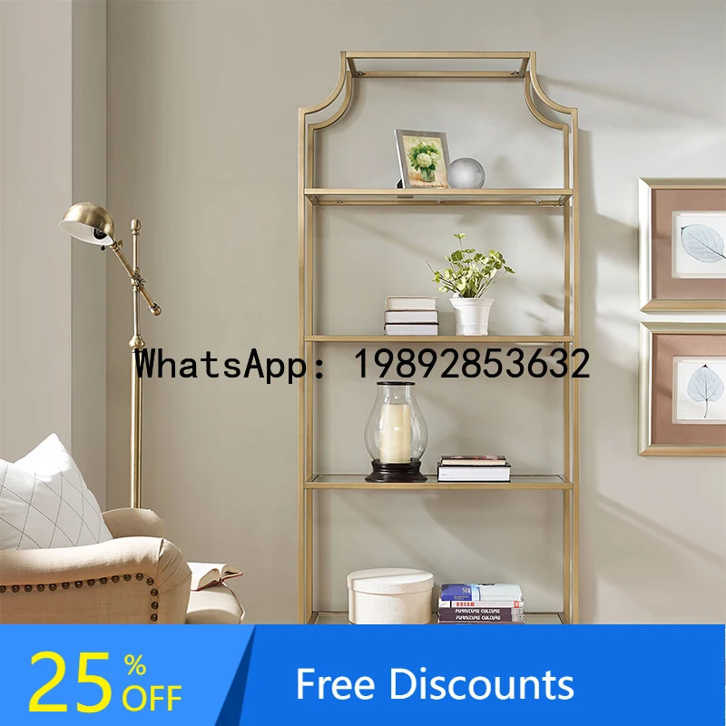 

XL Metal Stainless Steel Storage Rack Brushed Brass Texture Transparent Glass Partition Bookshelf for Study Room