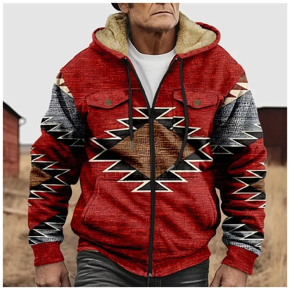 Men Winter Jackets Coats Western Aztec Geometric Cardigans Printed Art Graphics Plush Thick Hunting Streetwear Casual Clothing