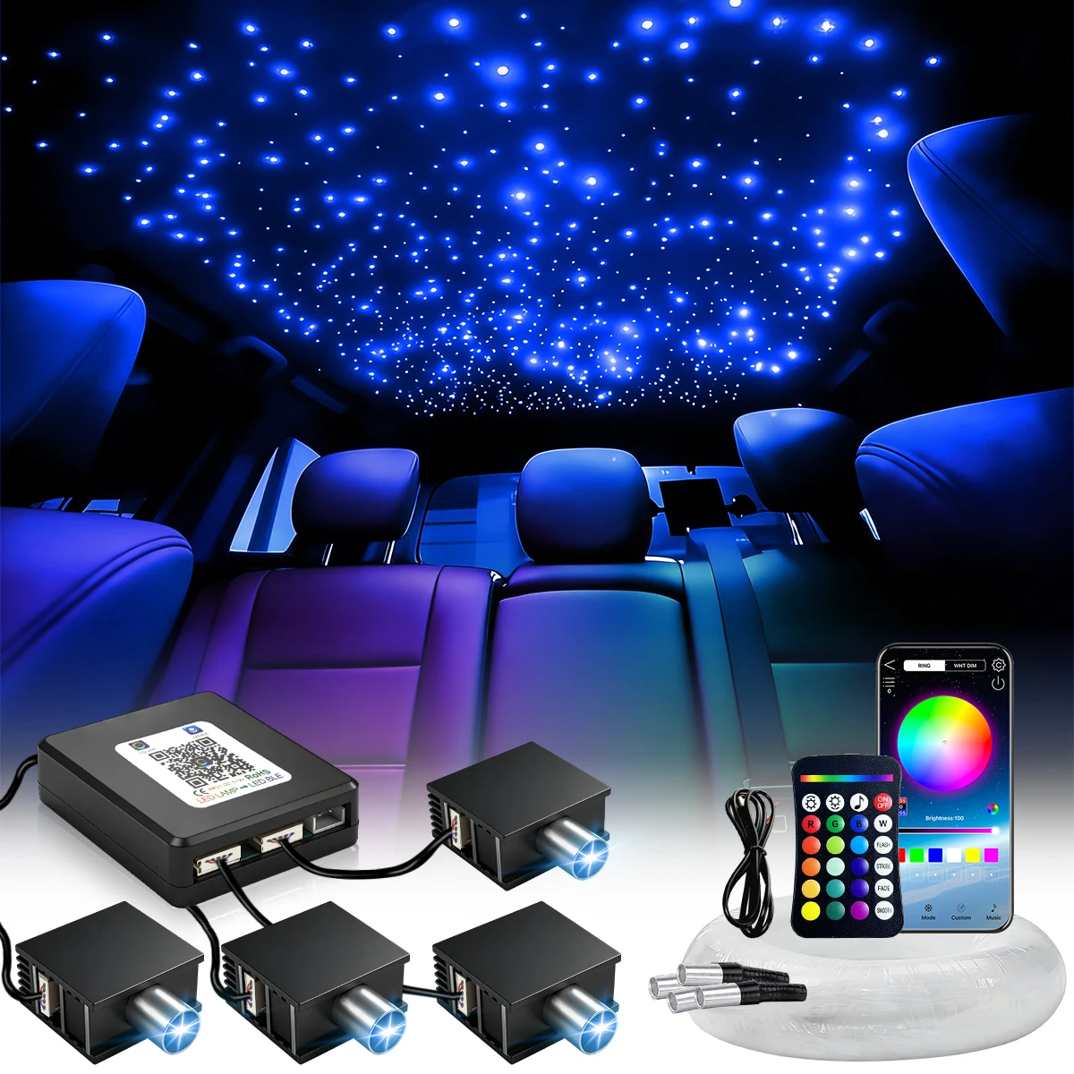 2026 New RGBW 12V 16W 1/2/4 Split Starry Sky Atmosphere Light APP Control Fiber Optic Car Starry Sky Ceiling Roof Kits Interior