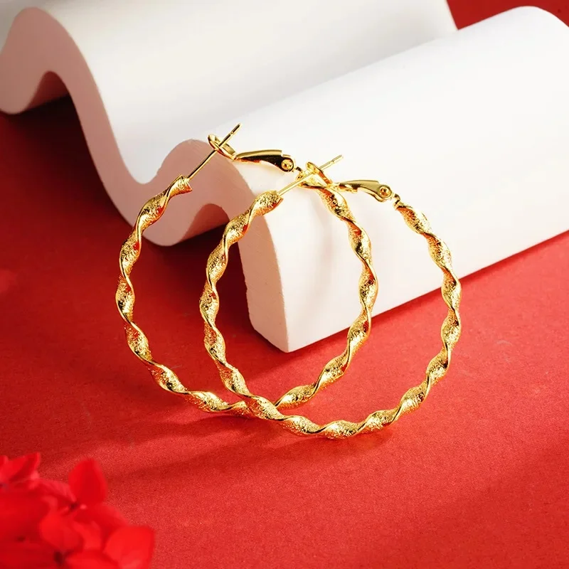 Luxury 24K 9999 Pure Gold Twisted Exaggerated Earrings European and American Style Distinctive Earrings