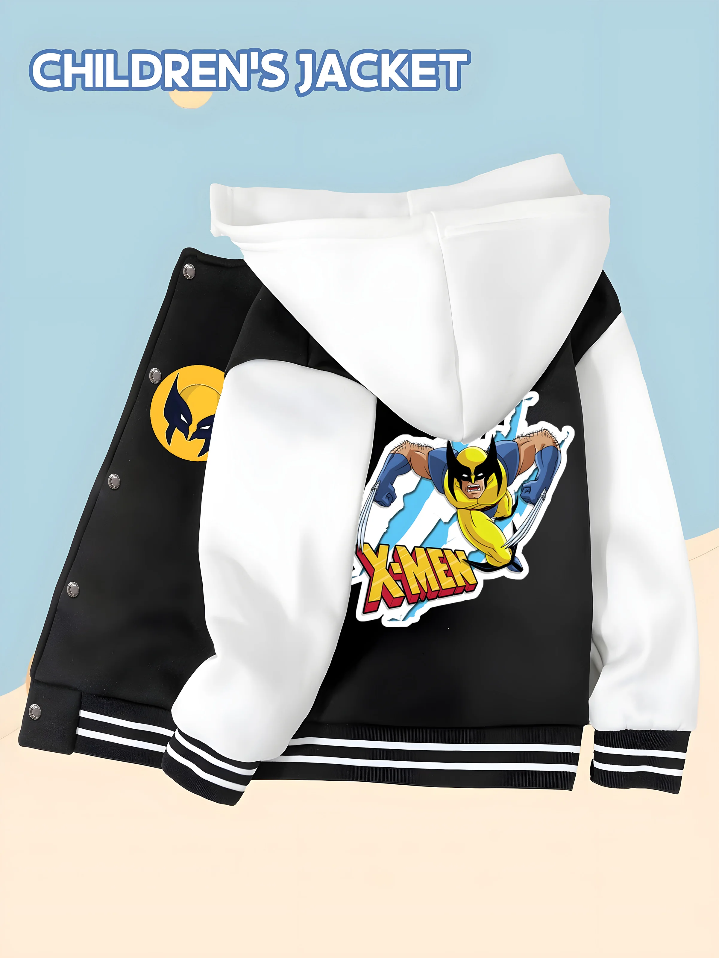 

MINISO Marvel Boys' Baseball Jacket - X-Men Wolverine Print, Double-Sided Pattern, Comfortable Fabric, Black and White, Trendy