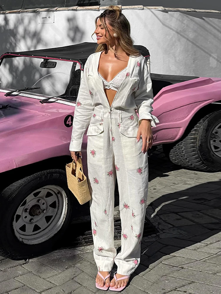 2026 Summer Autumn Elegant Print Women Jumpsuits Fashion Long Sleeve V-neck Zippers Female Overalls All-match Lady Outfit New