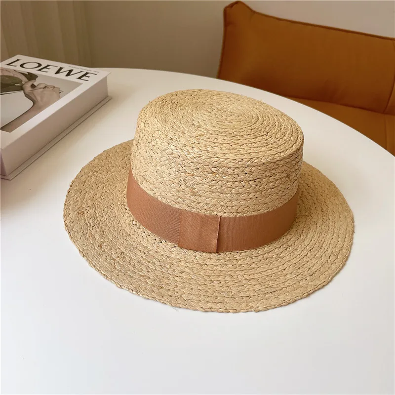 Raffia Boater Hats Women Summer Hat with Ribbon Band flat top Sun Hat Wide Brim Beach Hat Ladies Canotier Hat