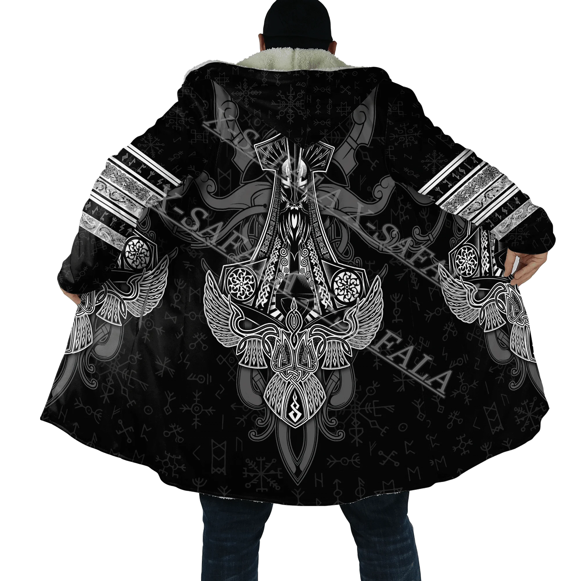 

Viking Eagle Axe Tattood Wolf Warrior Customized Thick Warm Hooded Cloak Men Overcoat Coat Windproof Fleece Cape Robe Blanket-5