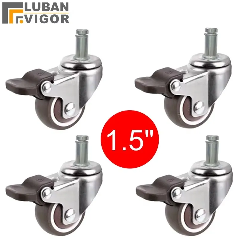 1.5 inch Swivel chair caster wheel with brake made of Rubber Mute with plunger Circlip rod For Furniture hardware