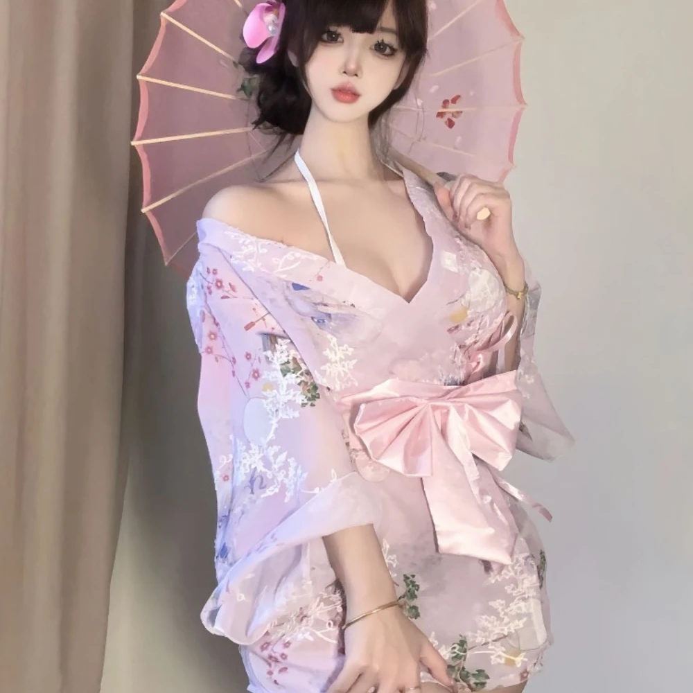 مثير كيمونو الملابس الداخلية للنساء بقماش شفاف النمط الياباني رداء مع حزام المثيرة تأثيري حلي الإناث ليلة نادي العاطفة ارتداء