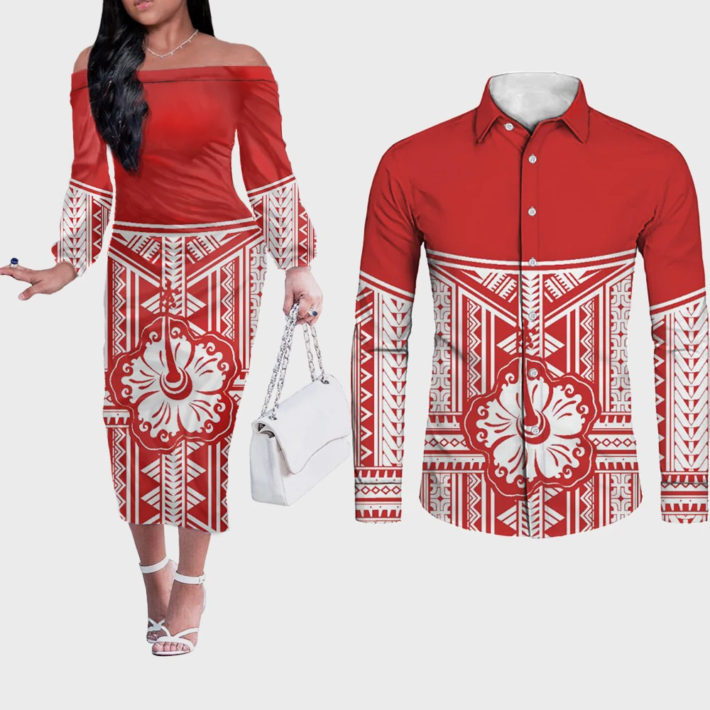 Noisydesigns Sexy Women Half Shoulder Dresses And Men Shirt Samoan Hibiscus Polynesian Tribal Brand Designer Elegant Party Cloth