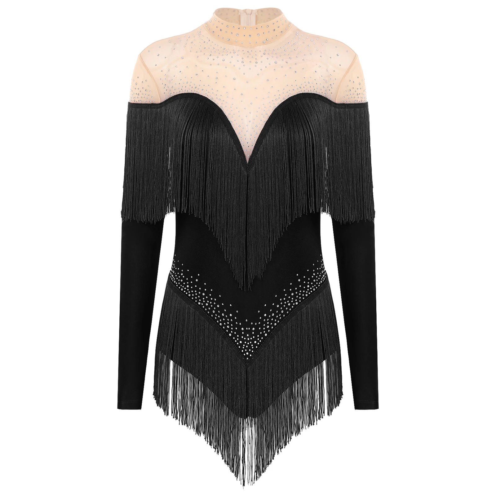 

Womens Tassel Leotards Latin Jazz Salsa Dance Jumpsuit Performance Costume Long Sleeve Sheer Mesh Patchwork Bodysuits Skirted