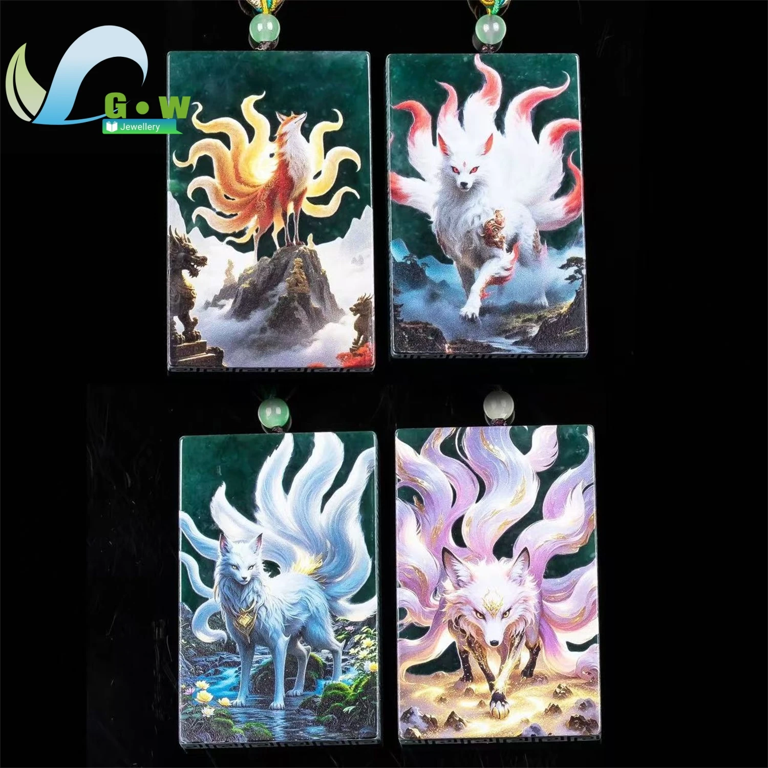 Natural Grade A Jadeite High Ice Old Material Nine Tailed Fox Pendant Ultra Clear Art Print Hanging Jade Amulet Necklace Unisex