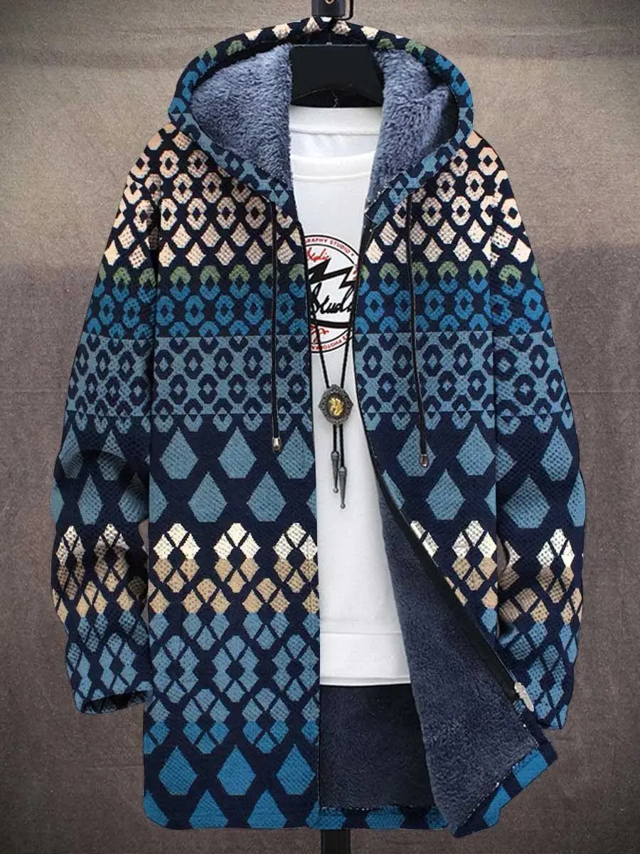 Men's Retro Art Print Plush Long-Sleeved Hoodie Fleece Lined Zipper Cardigan Thick Sweater Coat
