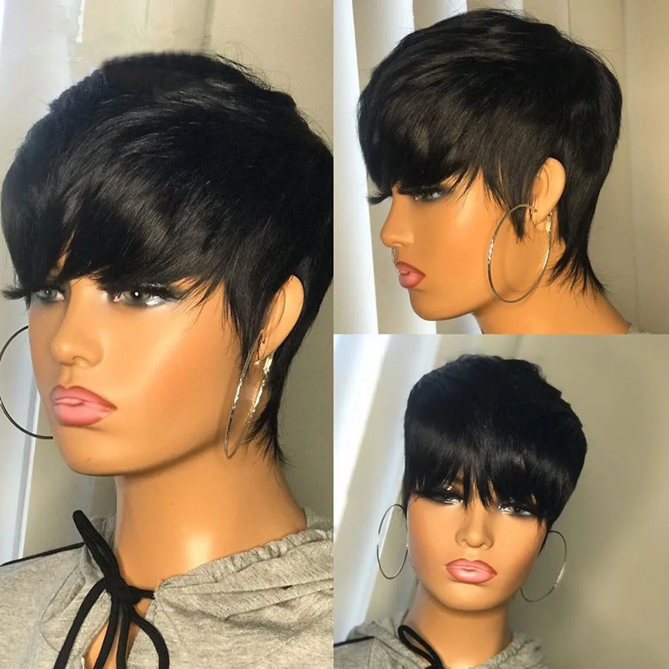 Short Human Hair Wigs Pixie Cut Straight perruque bresillienne for Black Women Machine Made Wigs With Bangs Cheap No Lace Wig