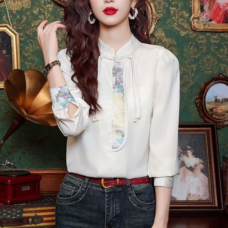 

Women's Pullover Embroidered Round Neck Bright Silk Lantern Long Sleeve Chiffon T-shirt Casual Clothing Chinese Style Tops