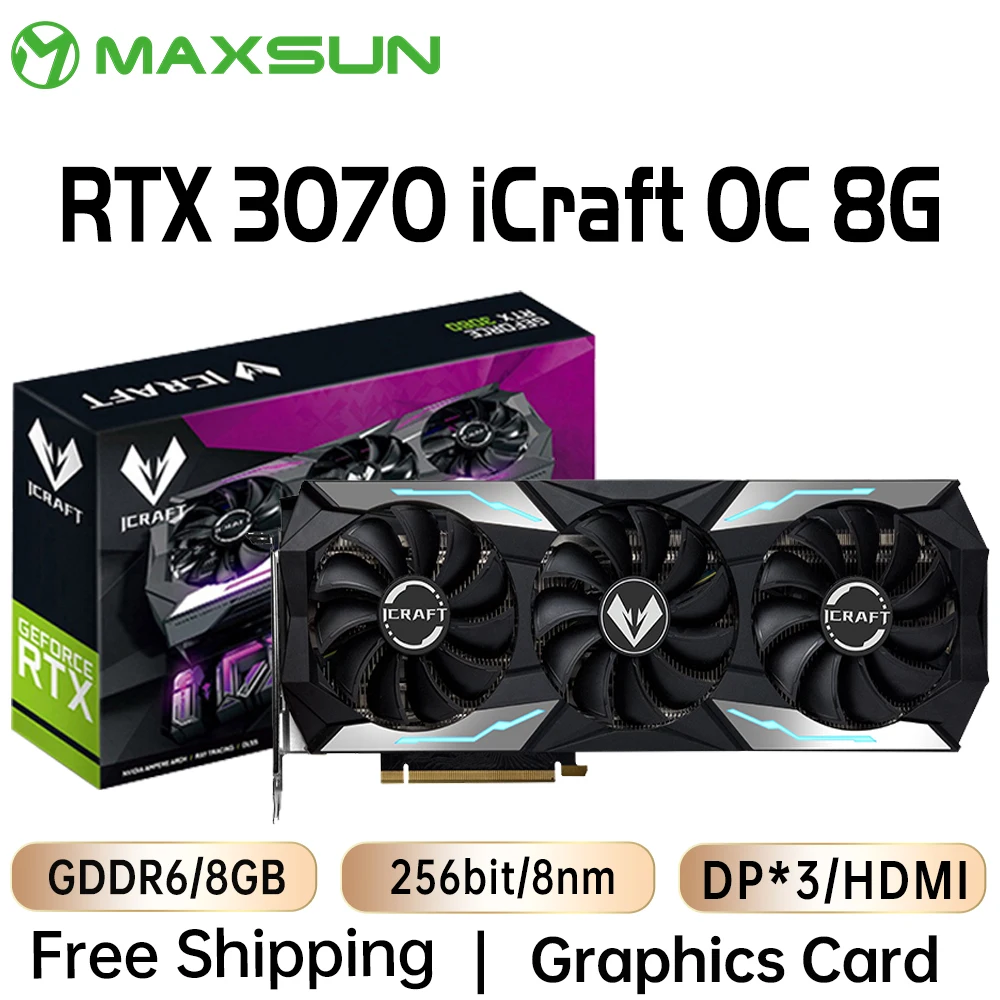 MAXSUN Graphics Card RTX 3070 iCraft OC 8GB GDDR6 GPU NVIDIA Computer PC 256bit PCI Express X16 4.0 RGB Gaming Video Cards New