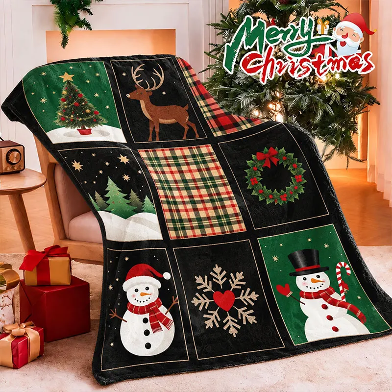 Christmas Throw Blanket Snowman Reindeer Design Winter Warm Plaid Flannel Blanket Mistletoe Flower Wreath Print Home Decoration