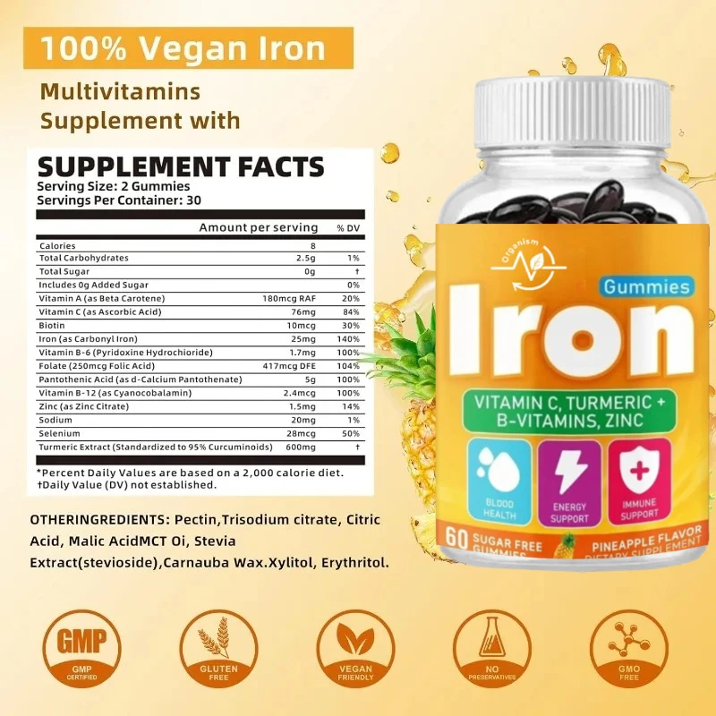 

Pineapple Flavored Iron Gummies with Vitamins B6 B12 C Zinc And Folate 60 Count - Energy Support Supplement