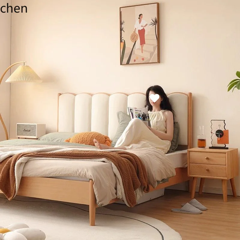 HT Solid Wood Cream Simple Double Bed Double Home Master Bedroom Wedding Bed Soft Wave Bed