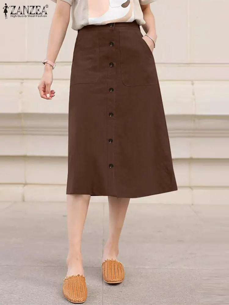 ZANZEA Casual Solid Knee-length Skirts Korean Fashion Commute Button Up Cotton Faldas Mujer Women 2024 Elegant A-line Jupe Femme