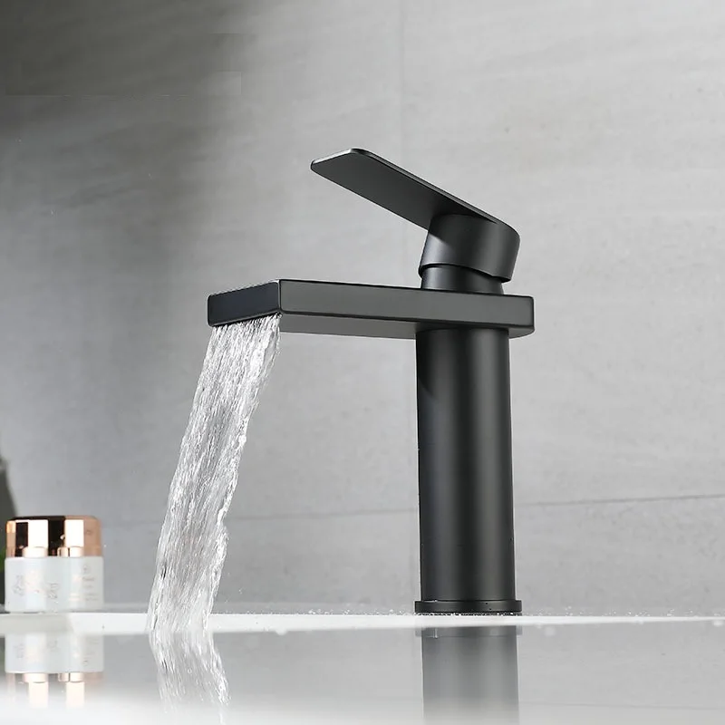 

304 Stainless Steel Lead Free Waterfall Faucet Black Basin Faucet Bath Cold and Hot Mixer Tap Basin Faucet Black Crane