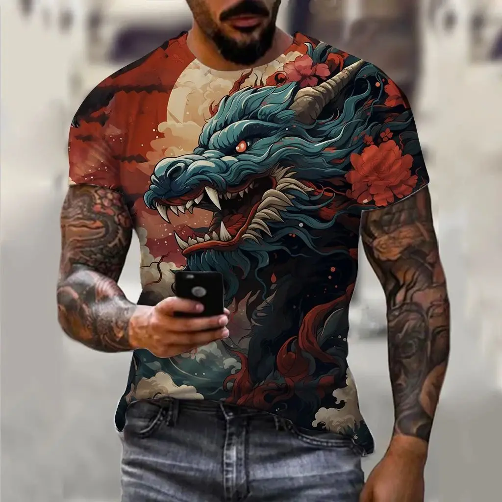 Summer Men Fun 3d Printed Dragon Pattern Casual Street Personality Creative O Collar Short Sleeve Baggy Plus Size Fashion Top