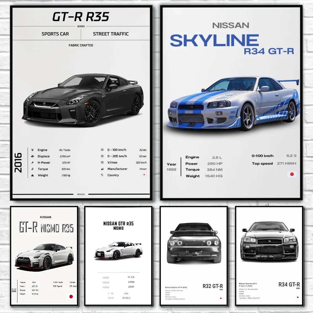 Cool car G-GTR R32 R34 Nordic Poster Sticky Wall Art Printing Waterproof Home Living Bed Room Bar Aesthetic room decoration