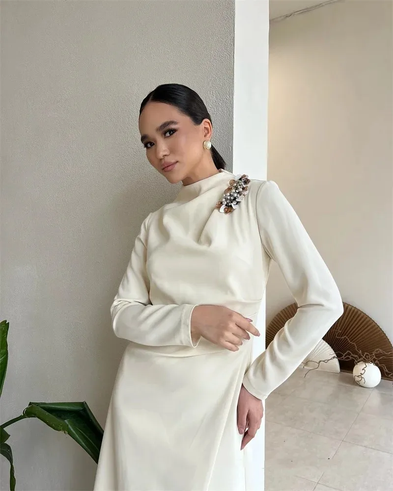 Flora Dress Elegant White Satin Mermaid Evening Dresses Long Sleeves High Neck Slit Beads Saudi Arabic Formal Occasion Prom Gown