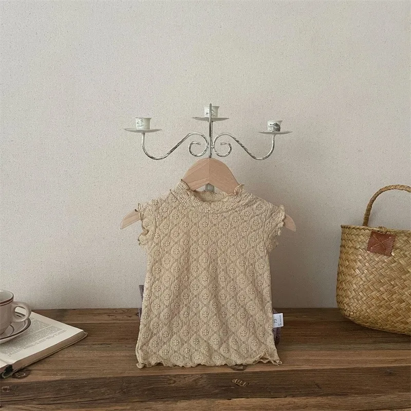 2024 Summer New Baby Lace Ear Edge Sleeveless Tank Top Girls Sweet Elastic Soft T-shirt Kids O-neck Beige Light Coffee Clothes