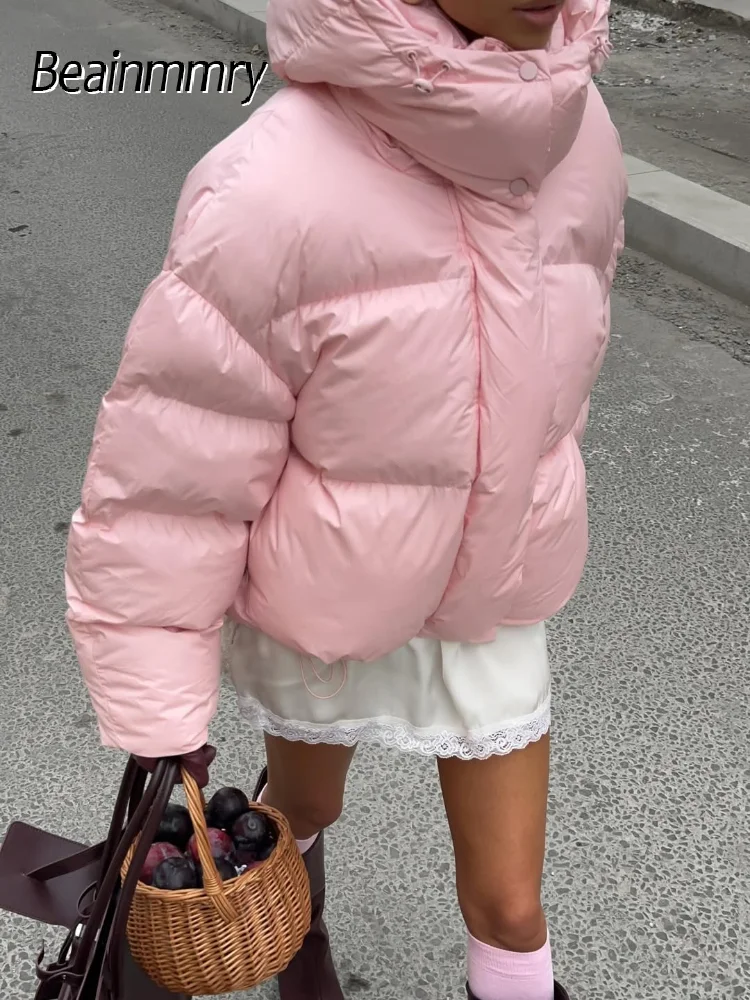 

Casual Pink Hooded Cotton Jacket Women Fashion Solid Zip-up Loose Warm Outwear Lady Winter 2025 New Daily Commute Street Jackets