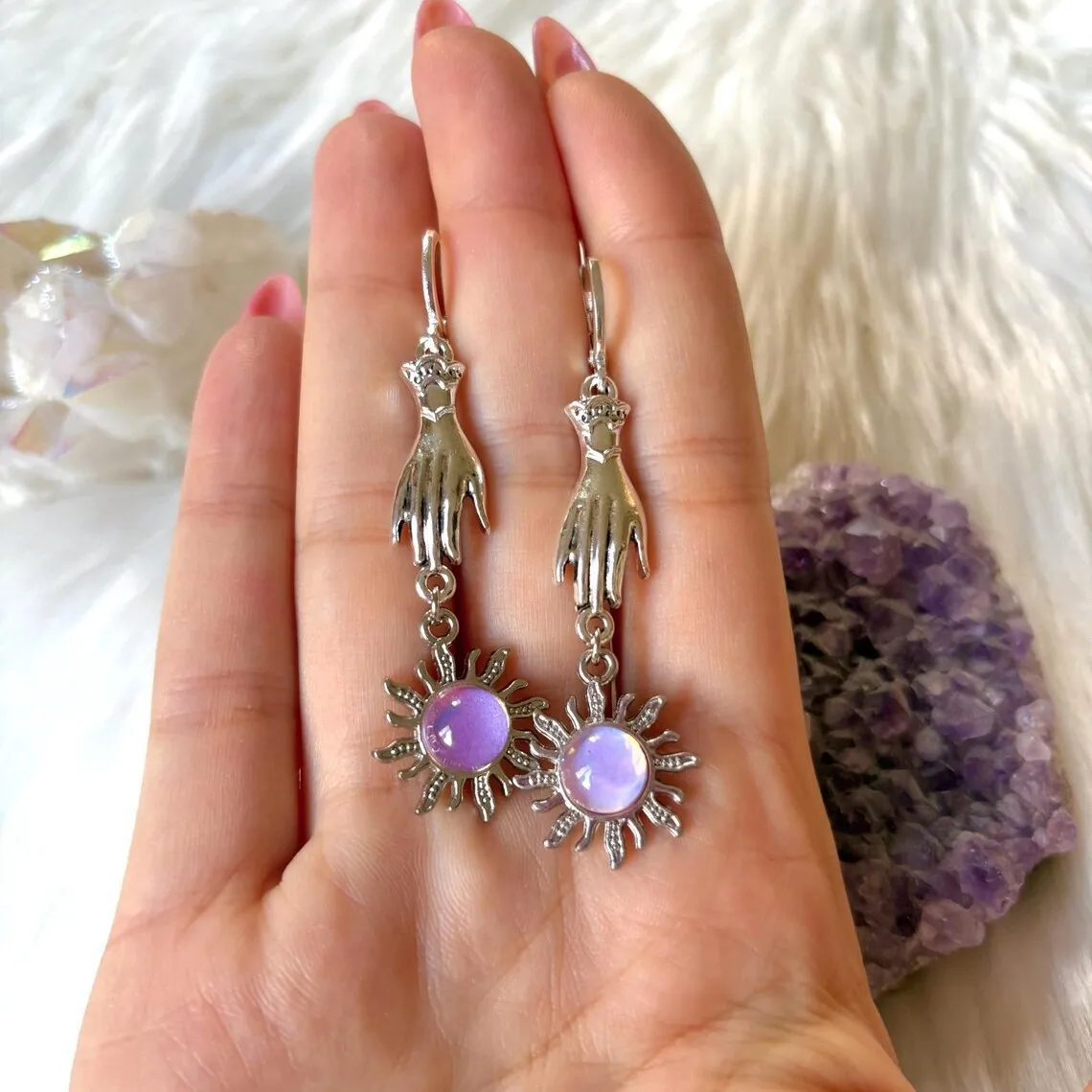 Holy Hand Sun Earring,Vintage Jewelry,Purple Stones,Witch Accessories,Magic,Mystery,Pagan,Silver Color,Gothic,Ear Ring for Women
