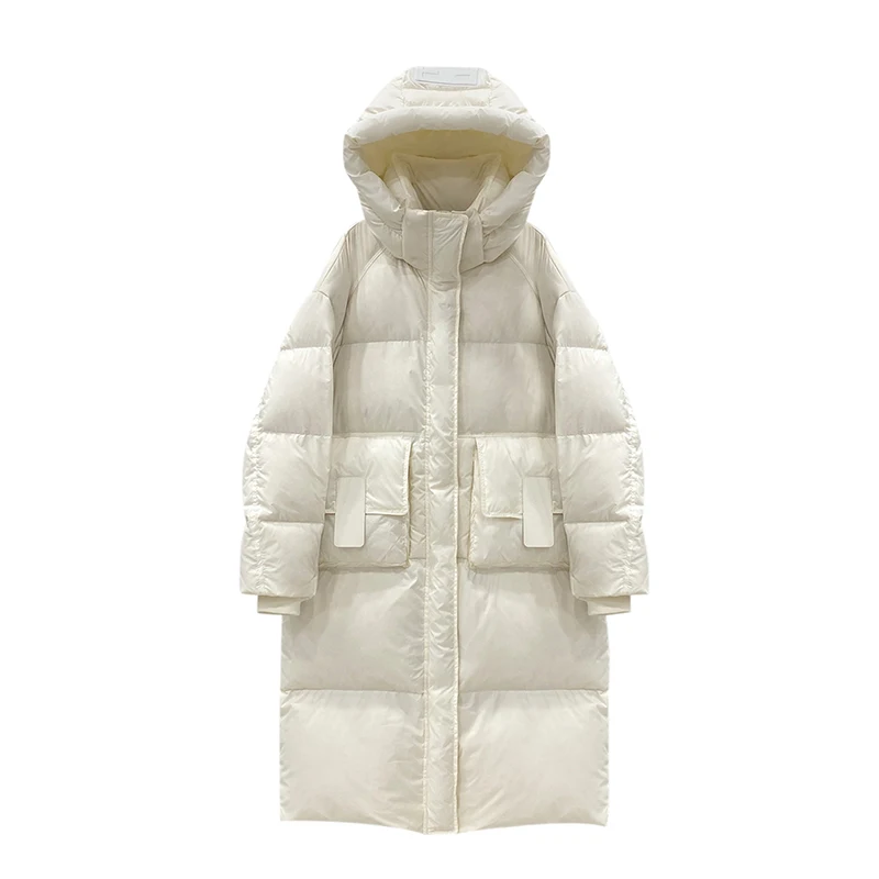 ABRINI Women Casual Mid-Length Stand Collar Hooded Down Coat Winter Thicken Zipper Cotton-padded Jacket Pocket Warm Loose Jacket