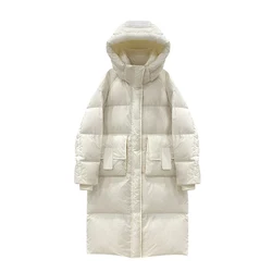 ABRINI Women Casual Mid-Length Stand Collar Hooded Down Coat Winter Thicken Zipper Cotton-padded Jacket Pocket Warm Loose Jacket