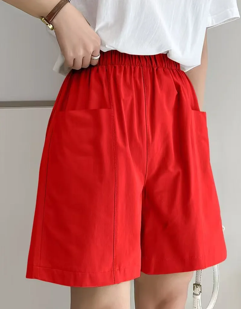 Women Vintage  Wide Leg Shorts Elastic Waist Solid Color Patchwork Pockets 2026 Summer New Loose Women Shorts