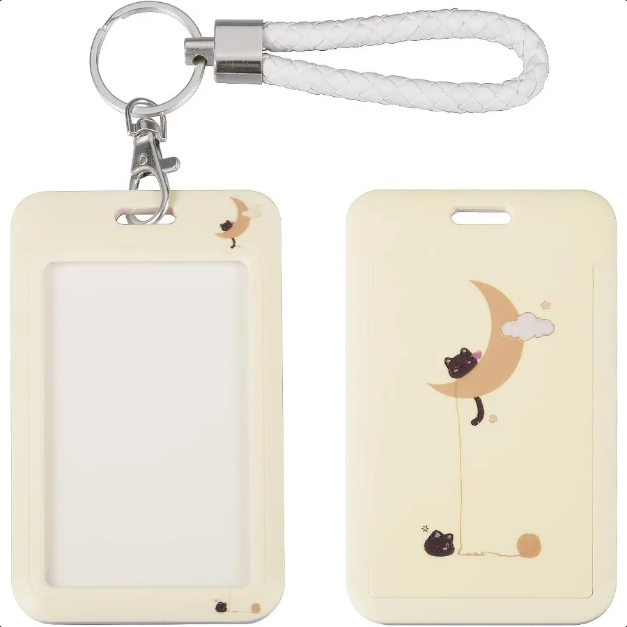 

ID Card Badge Holder Key Chain with Metal Keyring Plastic Slide Open with ID Window for Women Men Girls Students Cat