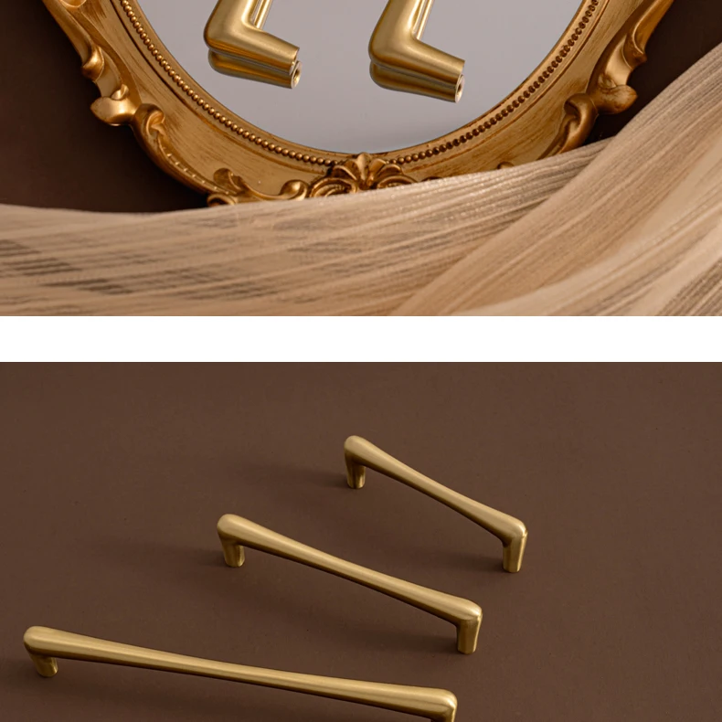 Brushed brass bar handles arranged on a brown surface