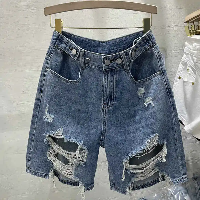 

Oversized Fashion Hole Denim Shorts Women Summer New High Waist Loose Straight Knee Length Jeans Versatile Casual Shorts